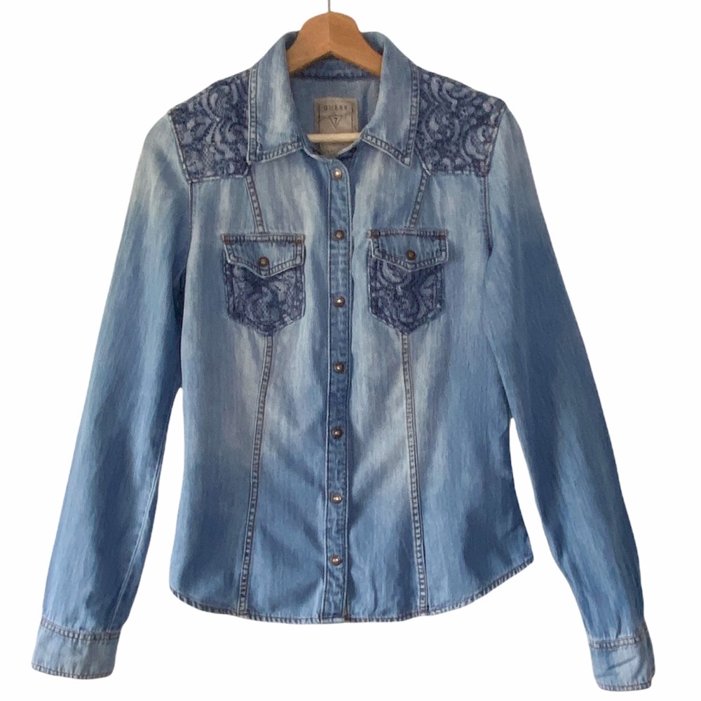 Guess Blue Denim Shirt with Lace Detail